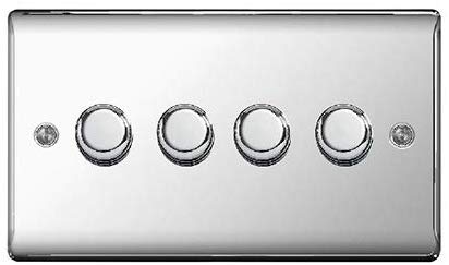 BG Electrical Intelligent Quadruple Wall Dimmer Switch, 2 Way, Raised Profile, Round Edges, Nexus Metal, Polished Chrome 200W, NPC84
