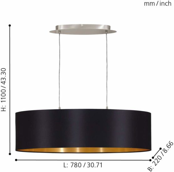 EGLO MASERLO pendant lamp, 2-flame textile pendant light, oval hanging light made of steel and fabric, Colour: Matt nickel, black, gold, Socket: E27, L: 78 cm/30.7 inches - Image 3