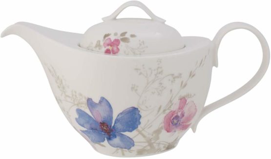 Villeroy & Boch Mariefleur Gris Basic Teapot, Stylish Pot with Filigree Flower Decoration of Premium Porcelain, Dishwasher Safe, 1.2 Litre