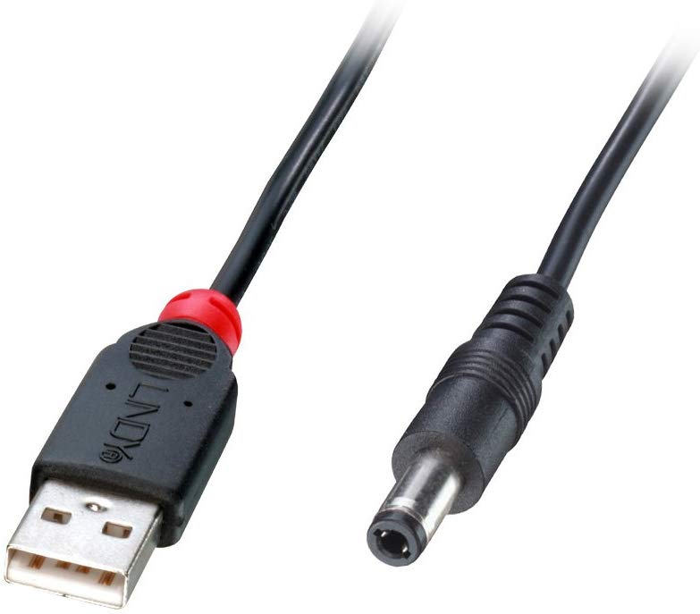 Lindy 1.5m USB to 2.1mm Inner / 5.5mm Outer DC Cable, Black, USB A to DC 5,5/2,1mm