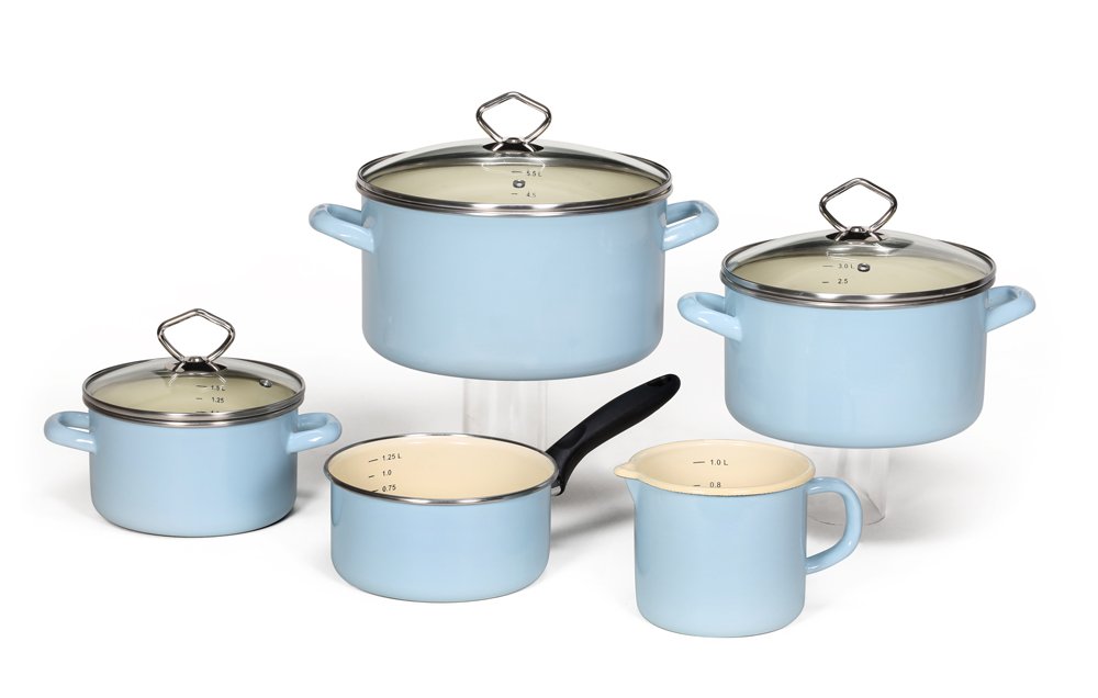 Krüger Karl 89566PAB Enamel Casserole Set/Set of 5, Pastel Blue, 24 cm