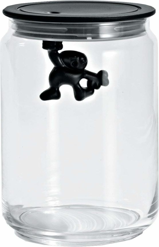 A Di Alessi AMDR05 B Glass Gianni Jar A Little Man Holding On Tight Medium Kitchen Box with Hermetic Lid in Thermoplastic Resin, Black