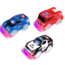 Track Cars, 3 Pack ( Racing Car, Police Car, Fire Truck Car ) with 5 LED Flashing Lights Magic Toys, Accessories Compatible with Most Tracks for Ages 3 4 5 6 7 Kids (3pcs)