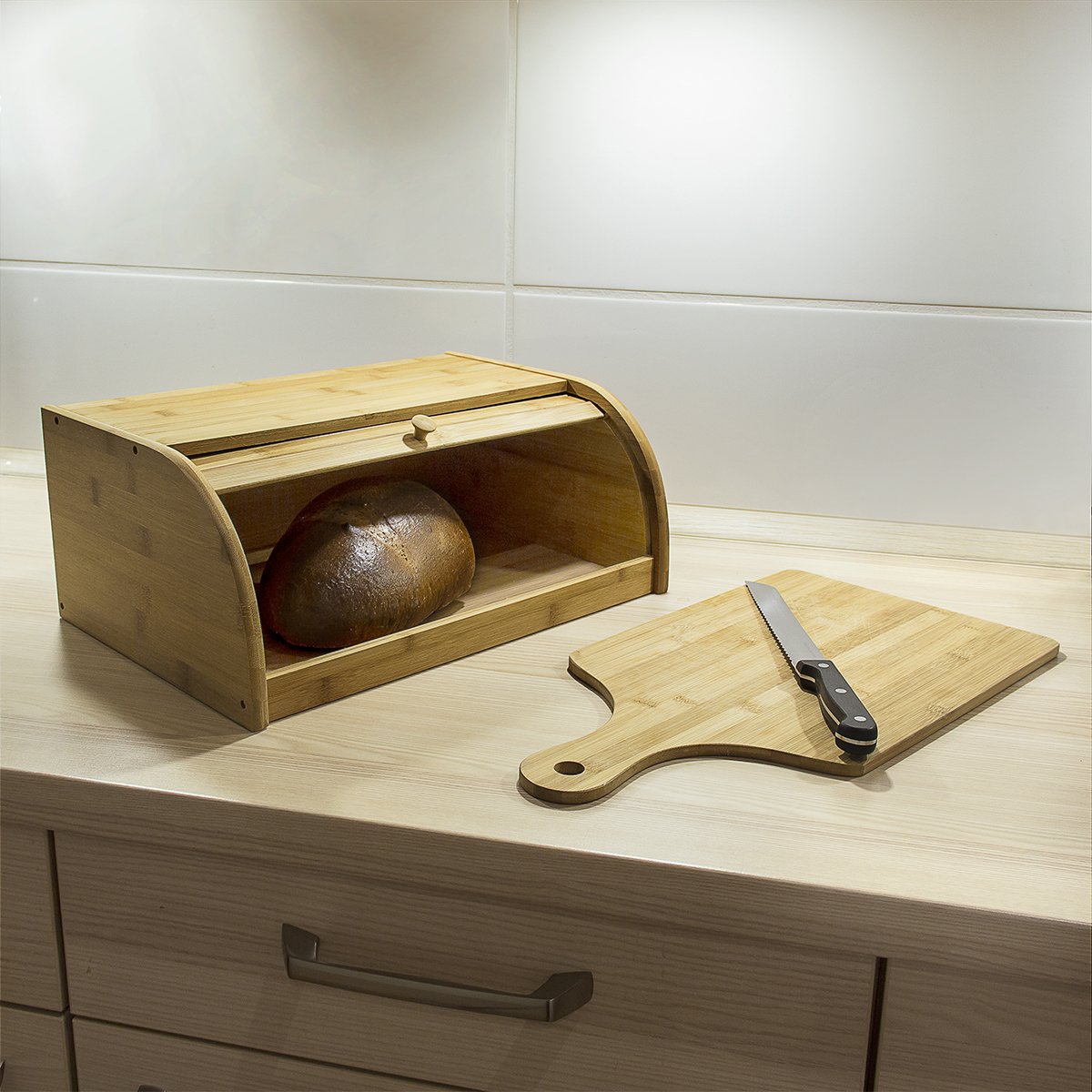 Relaxdays Bamboo Bread Bin, with Rolling Lid, 40 x 27.5 x 16.5 cm, Fresh Bread Storage, Natural Brown, Medium Wood Tone - Image 2