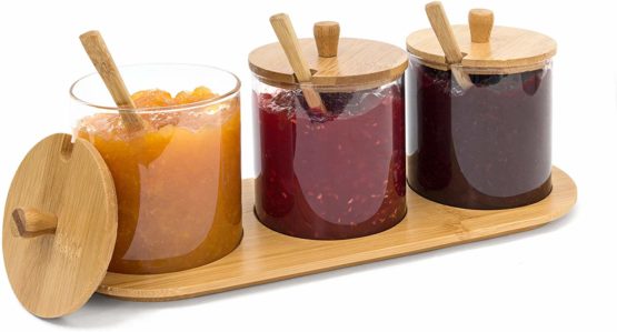 Relaxdays JIAO Bamboo Spice Preserving Glass Jar Set 12 x 31 x 12 cm Spice Holder of 3 Glass Containers with Spoons as Alternative to Spice Rack, Kitchen Storage, Natural - Image 4