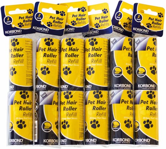 Korbond 12 Pack of 9.8m PET SAFE Lint Roller REFILLS– 396 Sticky Pre-Cut CITRUS SCENTED Sheets- Suitable for ALL FABRIC TYPES - Removes Pet Hair from Furniture and Clothes - Leaves NO RESIDUE  