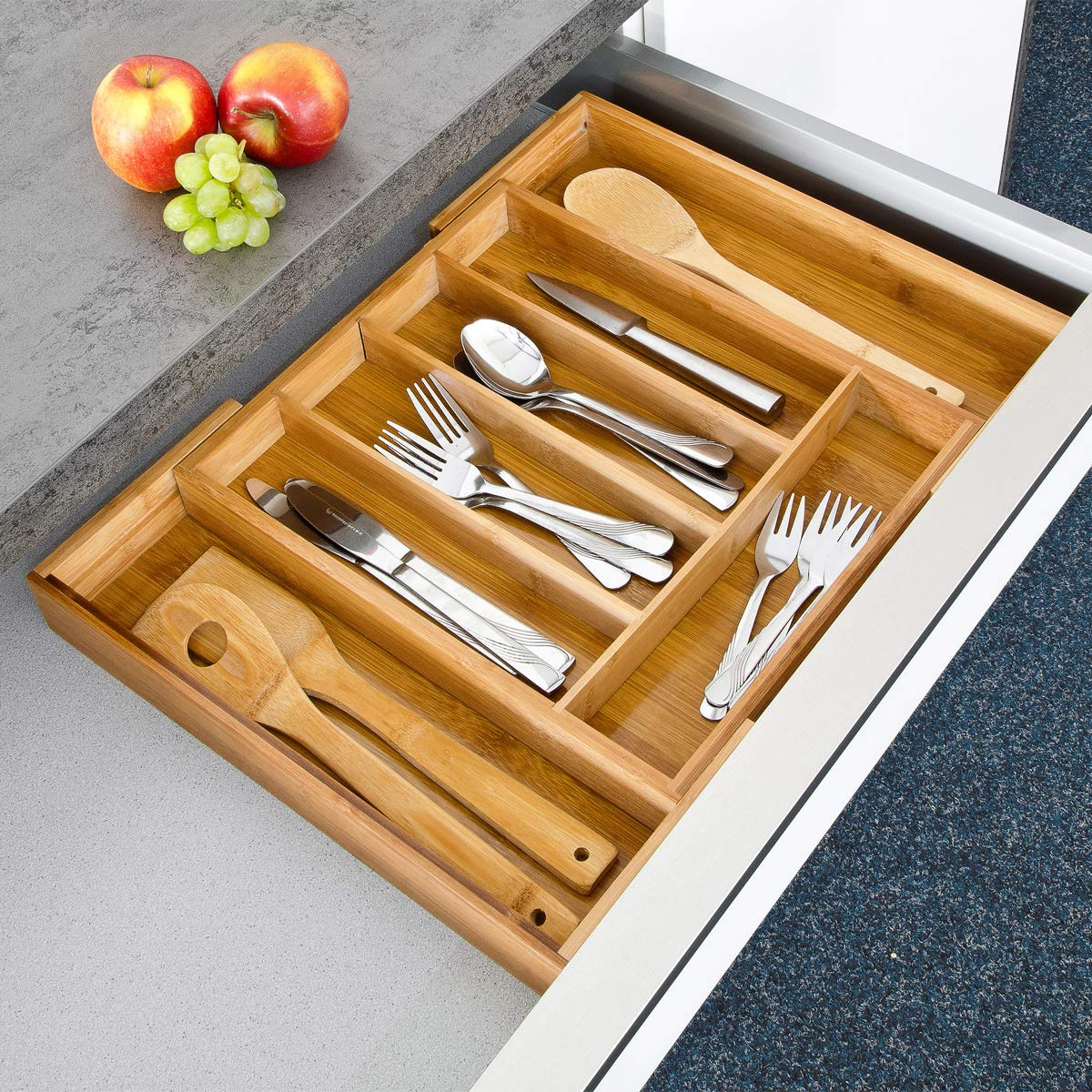 Relaxdays Bamboo cutlery tray, 5 - 7 compartments, adjustable cutlery tray for the drawer width 31.5 - 49 cm, natural - Image 2