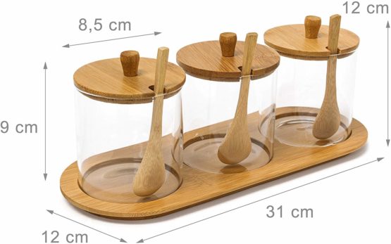 Relaxdays JIAO Bamboo Spice Preserving Glass Jar Set 12 x 31 x 12 cm Spice Holder of 3 Glass Containers with Spoons as Alternative to Spice Rack, Kitchen Storage, Natural - Image 3