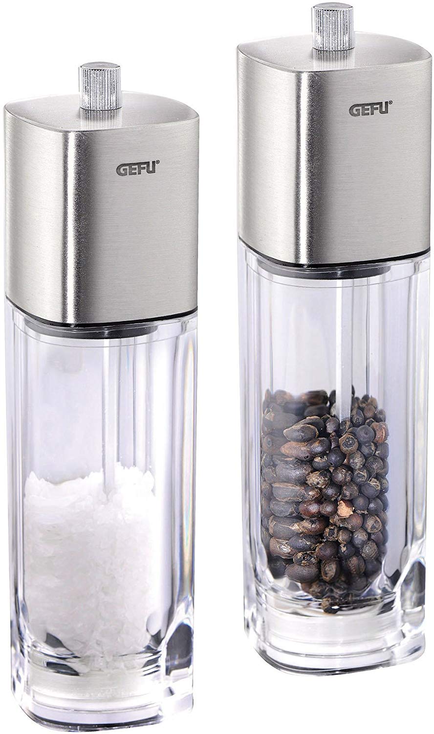 GEFU DUETO Pepper and Salt Mill Set - Adjustable Ceramic Grinder, Stainless Steel & Plastic, 2‑Piece Seasoning Mill Set