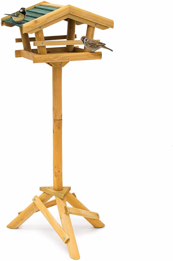 Relaxdays Birdhouse with Stand approx 100 x 37 x 43 cm Wooden Bird House as Birdfeeder for Wrens and Jays, Chic Standing Birdhouse with Green Roof, Natural Colour
