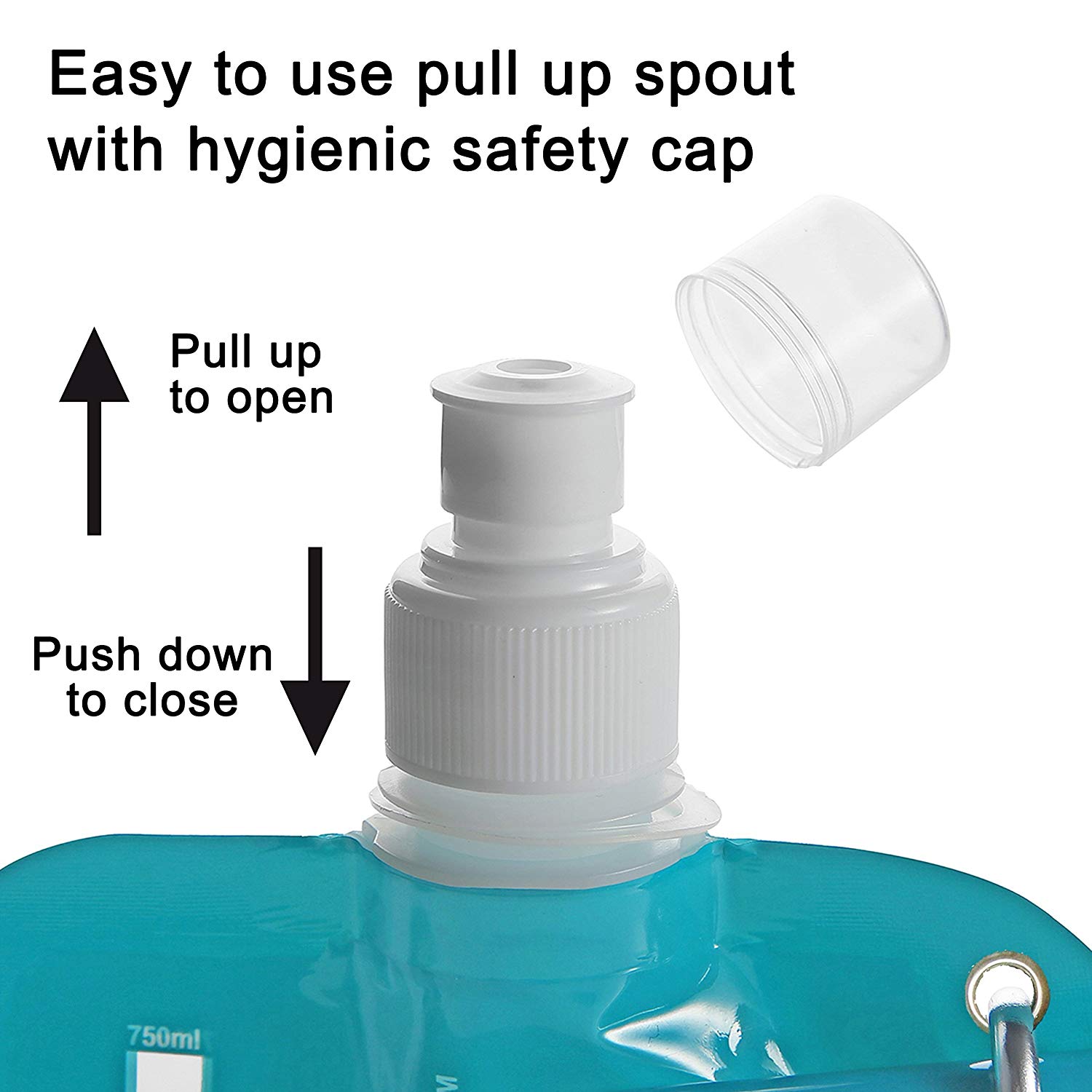 HydraMate Collapsible Water Bottle, 750ml, BPA Free. Lightweight, Foldable, Roll Up, Squeezable Pouch, Carabiner Clip - Image 2