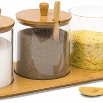 Relaxdays JIAO Bamboo Spice Preserving Glass Jar Set 12 x 31 x 12 cm Spice Holder of 3 Glass Containers with Spoons as Alternative to Spice Rack, Kitchen Storage, Natural