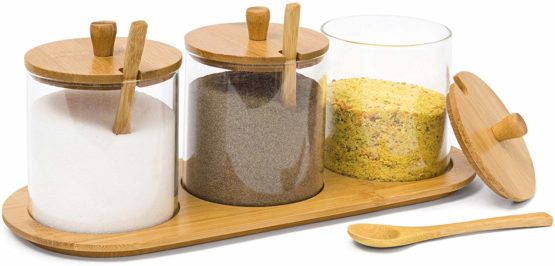 Relaxdays JIAO Bamboo Spice Preserving Glass Jar Set 12 x 31 x 12 cm Spice Holder of 3 Glass Containers with Spoons as Alternative to Spice Rack, Kitchen Storage, Natural