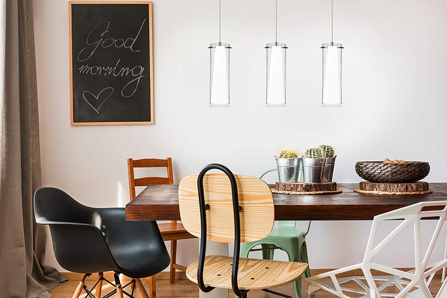 Eglo Pendant lighting Pinto, 3 bulbs ceiling light fitting made of chrome-coloured steel, clear and matt opal glass - Image 4