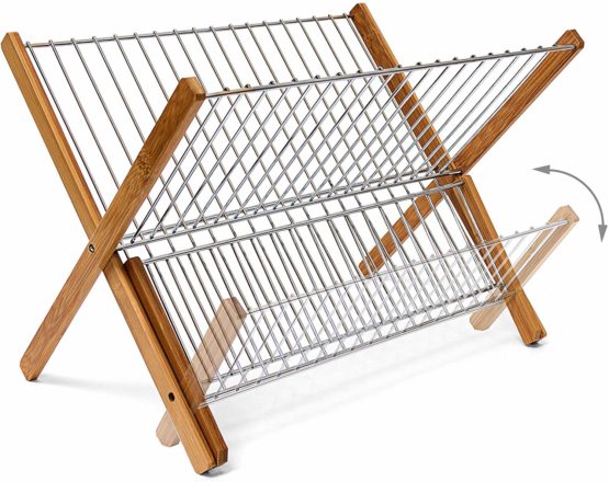 Relaxdays CROSS Bamboo And Chromed Steel Draining Rack: 27 x 38 x 29 cm Drying Rack Folding Dish Drainer For Plates, Cups, Glasses, Natural - Image 3