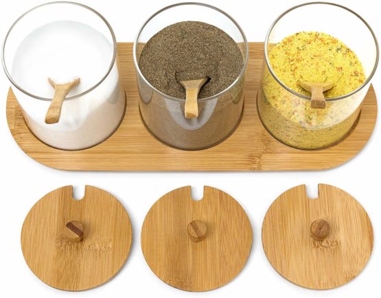 Relaxdays JIAO Bamboo Spice Preserving Glass Jar Set 12 x 31 x 12 cm Spice Holder of 3 Glass Containers with Spoons as Alternative to Spice Rack, Kitchen Storage, Natural - Image 2