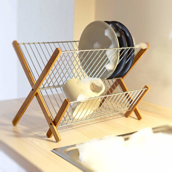 Relaxdays CROSS Bamboo And Chromed Steel Draining Rack: 27 x 38 x 29 cm Drying Rack Folding Dish Drainer For Plates, Cups, Glasses, Natural - Image 2