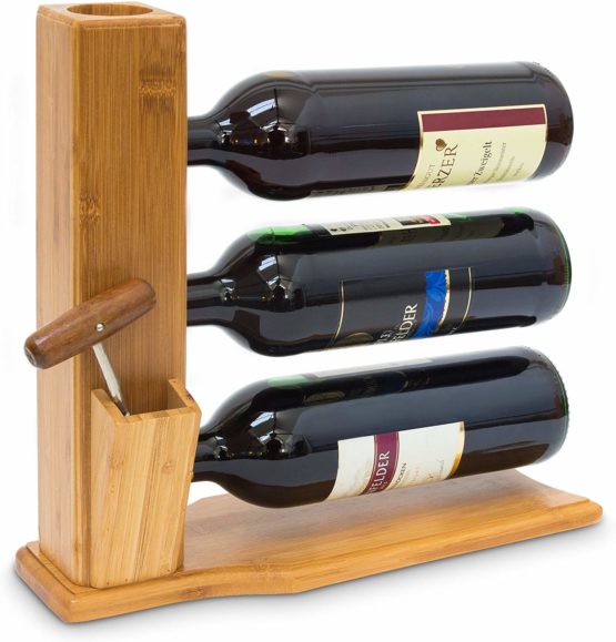 Relaxdays Wine Stand For 3 Bottles: 32 x 12 x 34 cm Wine Shelf Free-Standing Bamboo Bottle Rack With Cork And Bottle Opener Holder Wine Stand, natural