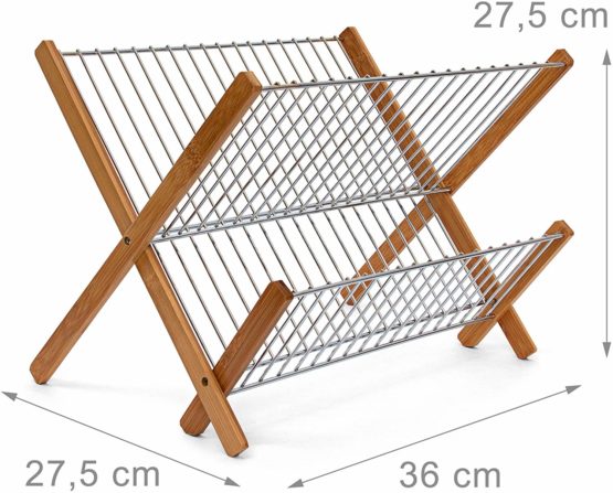 Relaxdays CROSS Bamboo And Chromed Steel Draining Rack: 27 x 38 x 29 cm Drying Rack Folding Dish Drainer For Plates, Cups, Glasses, Natural - Image 4