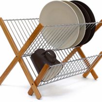 Relaxdays CROSS Bamboo And Chromed Steel Draining Rack: 27 x 38 x 29 cm Drying Rack Folding Dish Drainer For Plates, Cups, Glasses, Natural
