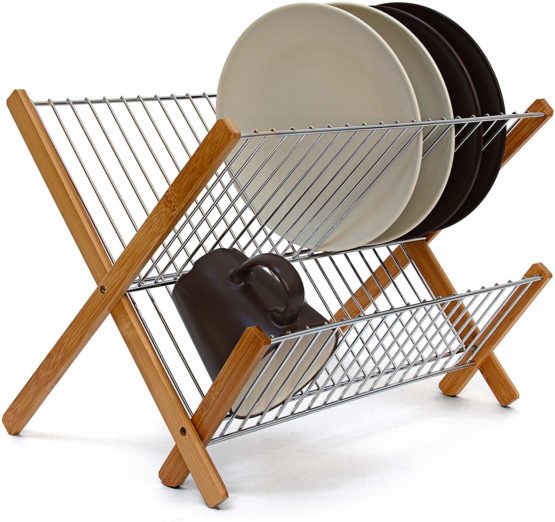 Relaxdays CROSS Bamboo And Chromed Steel Draining Rack: 27 x 38 x 29 cm Drying Rack Folding Dish Drainer For Plates, Cups, Glasses, Natural