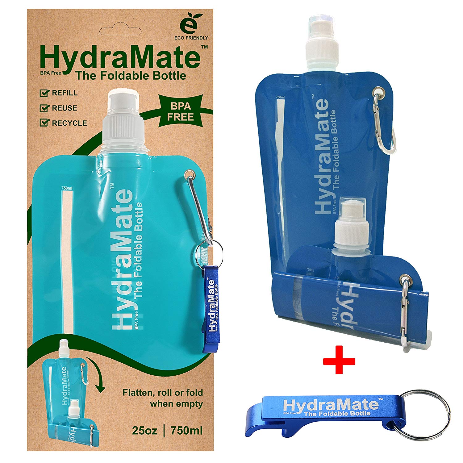 HydraMate Collapsible Water Bottle, 750ml, BPA Free. Lightweight, Foldable, Roll Up, Squeezable Pouch, Carabiner Clip