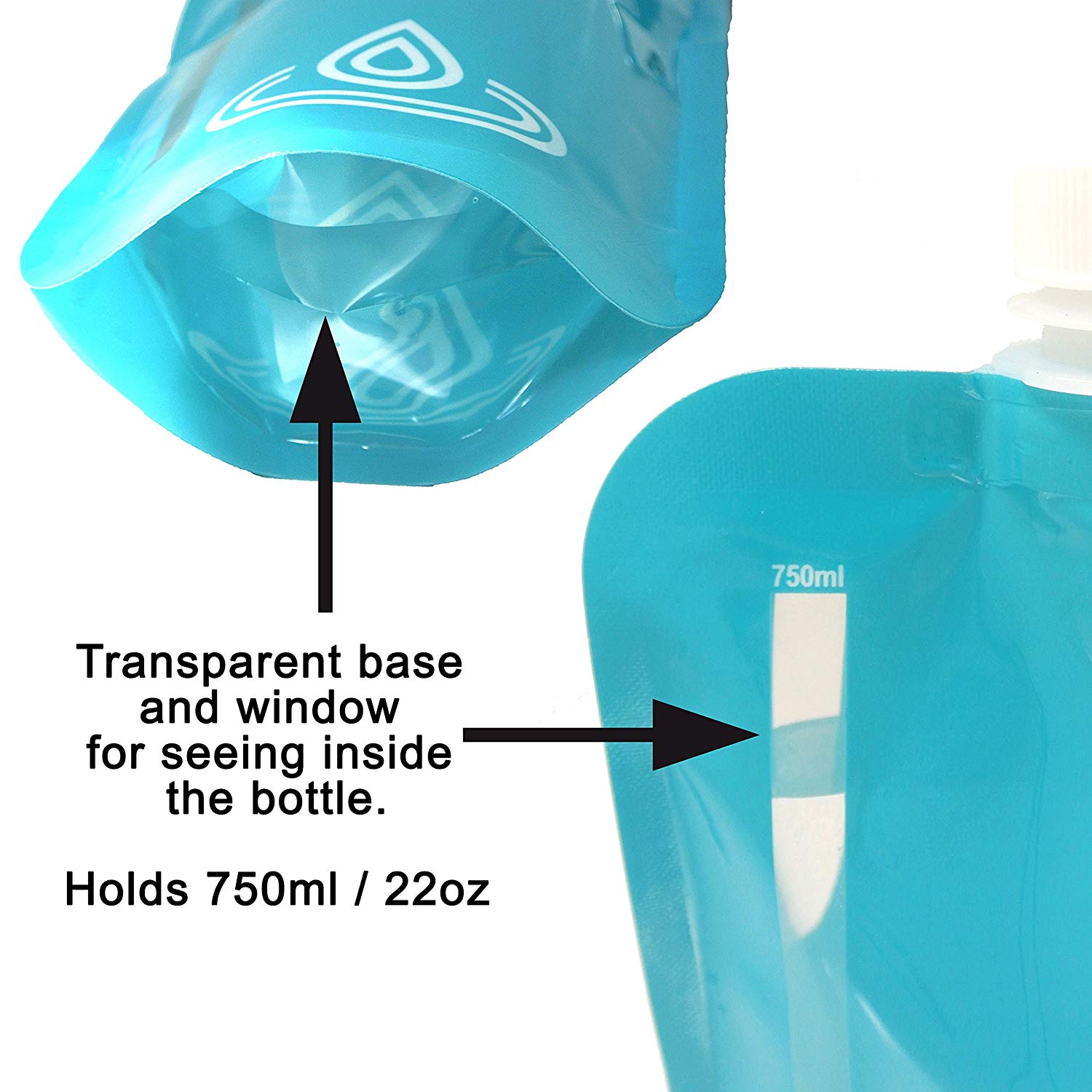 HydraMate Collapsible Water Bottle, 750ml, BPA Free. Lightweight, Foldable, Roll Up, Squeezable Pouch, Carabiner Clip - Image 3