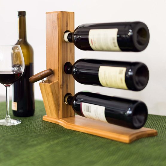 Relaxdays Wine Stand For 3 Bottles: 32 x 12 x 34 cm Wine Shelf Free-Standing Bamboo Bottle Rack With Cork And Bottle Opener Holder Wine Stand, natural - Image 2
